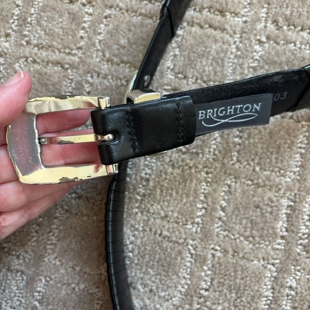 Brighton Black Leather Braided Belt Women's 44 Silver Medallions Buckle Western